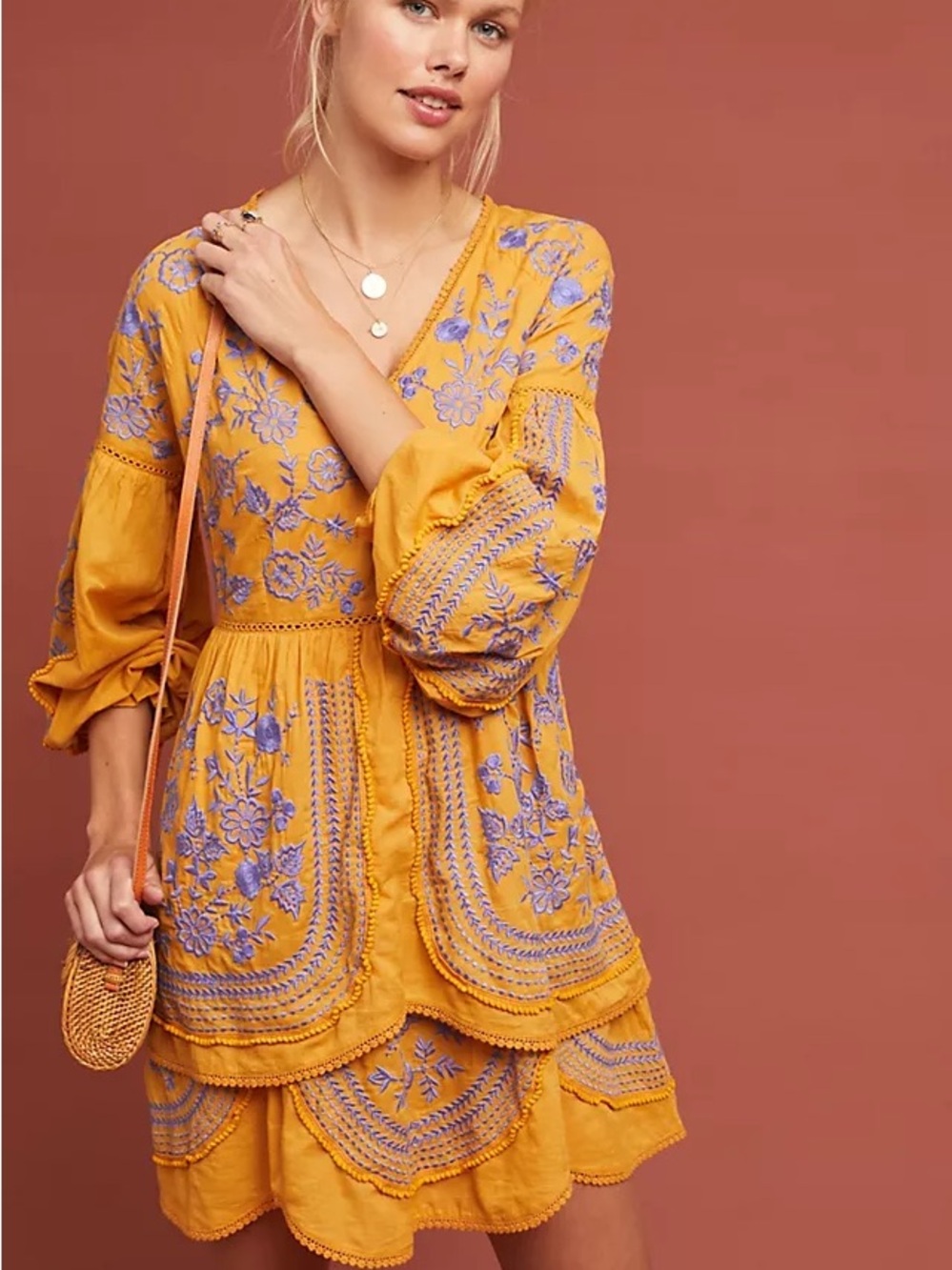 Meadow Rue Mustard Yellow Long Sleeve Dress with Purple Floral Embroidery